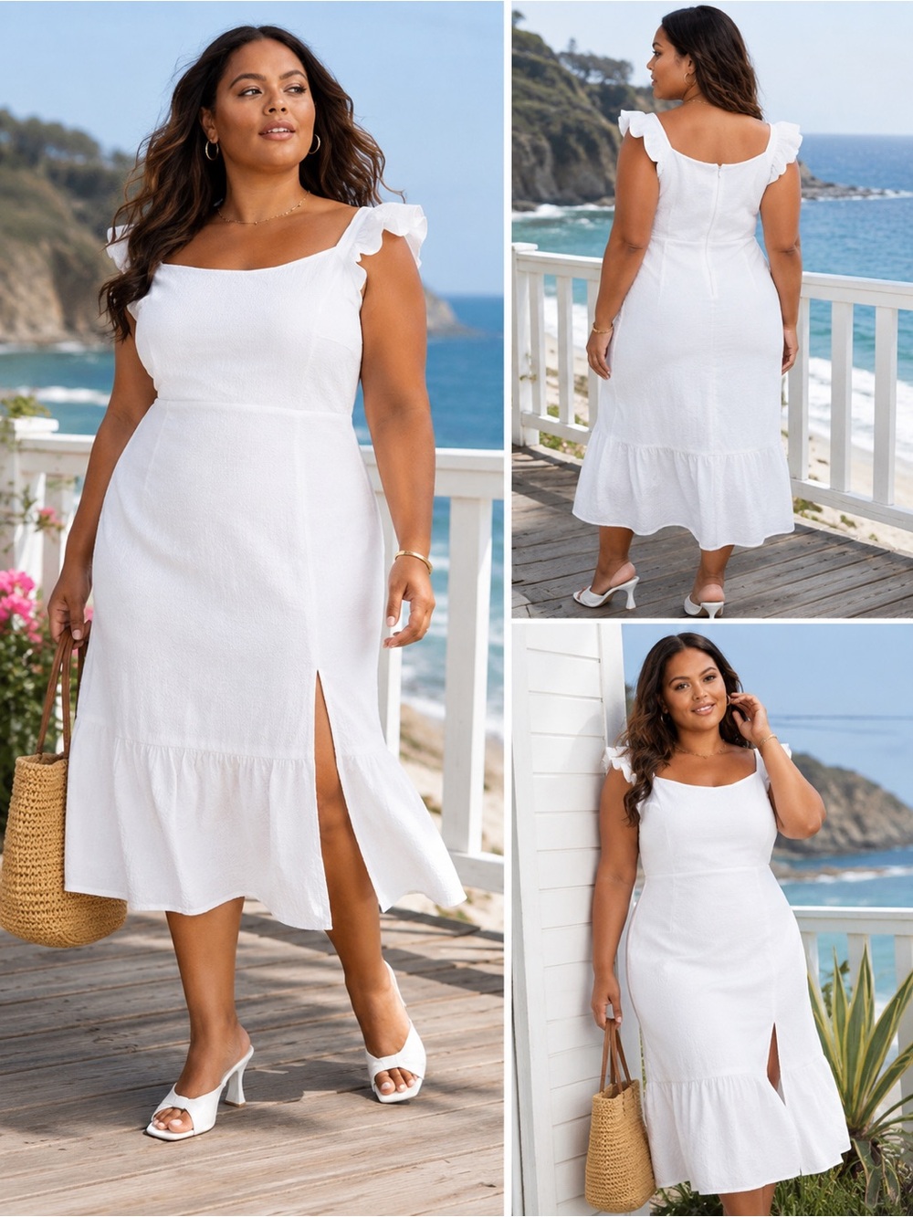 NWT And Now This Plus Size White Flutter Sleeve Midi Dress 2X Side Slit